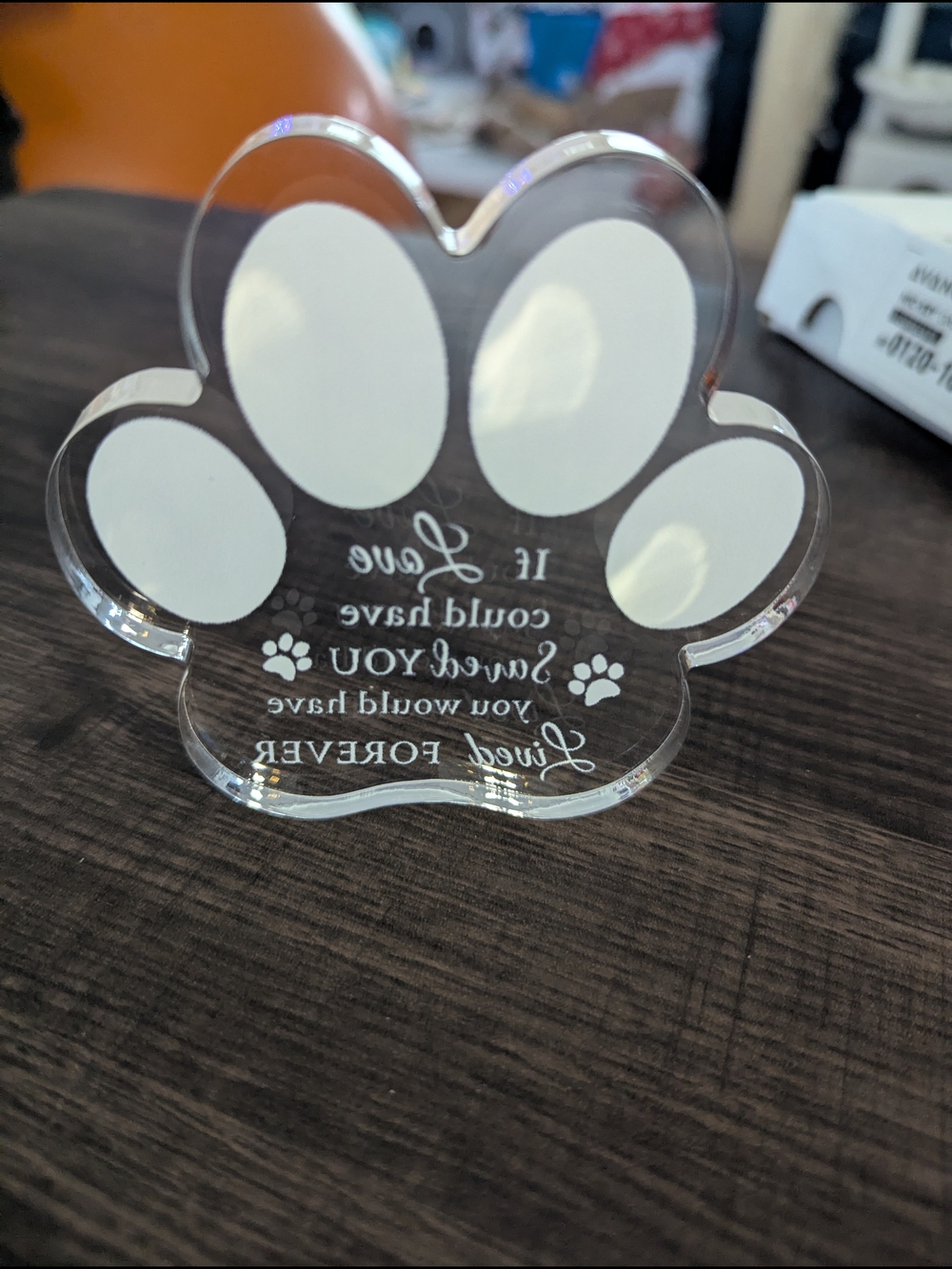 Clear Acrylic Paw-Shaped Memorial Plaque - White Lettering - Picture 3 of 3